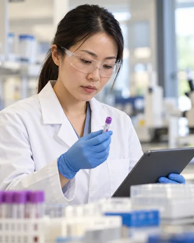Illustrative laboratory researcher checking a sealed sample