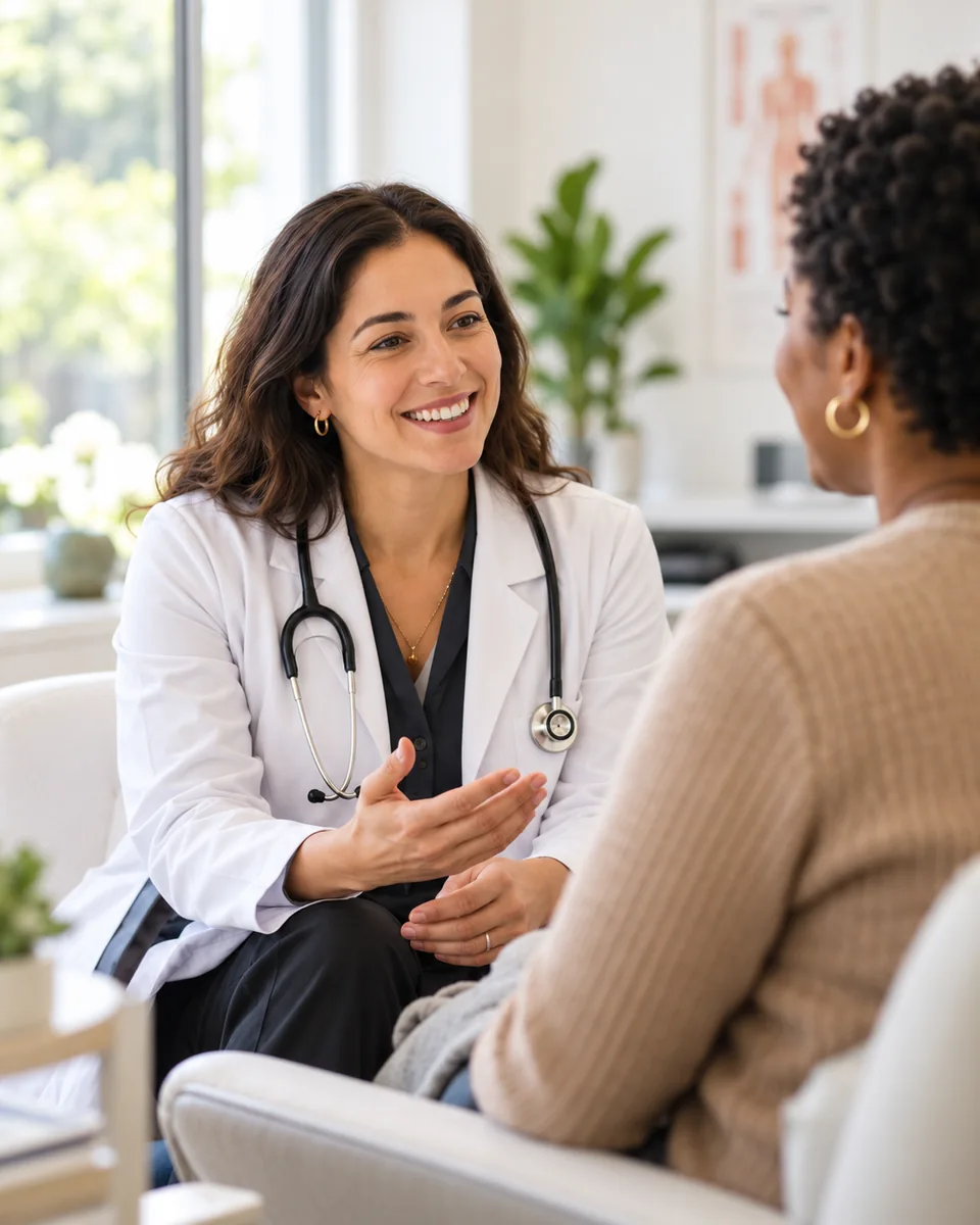 Illustrative physician listening to a patient during a consultation